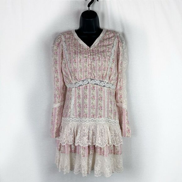 Love Shack Fancy LSF Pirelle Pink Floral Silk Lace Ruffle Mini Dress Size 6 - Picture 3 of 12